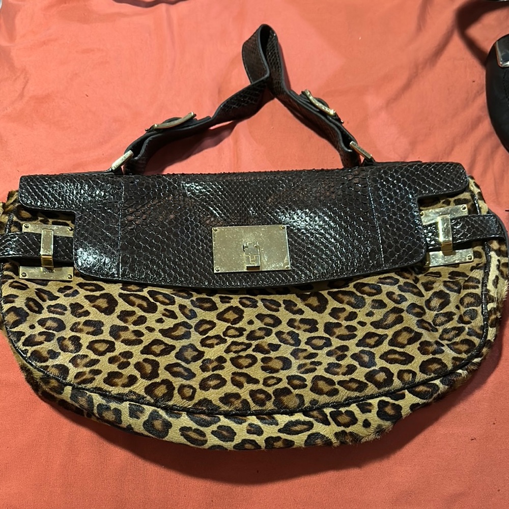 Lambertson Truex Leopard Print and Black Leather Women's Bag